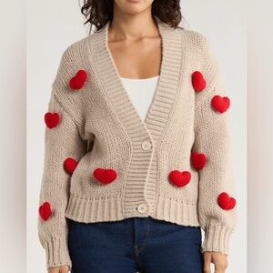 Roffe Beige Heart-Embellished Cardigan Sweater